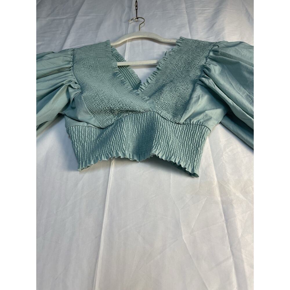 Zara Smocked Crop Top Puff Sleeve Sage Green Cottagecore Blouse Size S